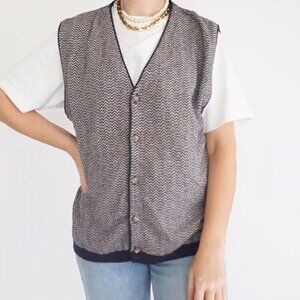 Vintage Old Glory Navy White 3D Knit Chevron 100% Cotton Button Vest Sweater M